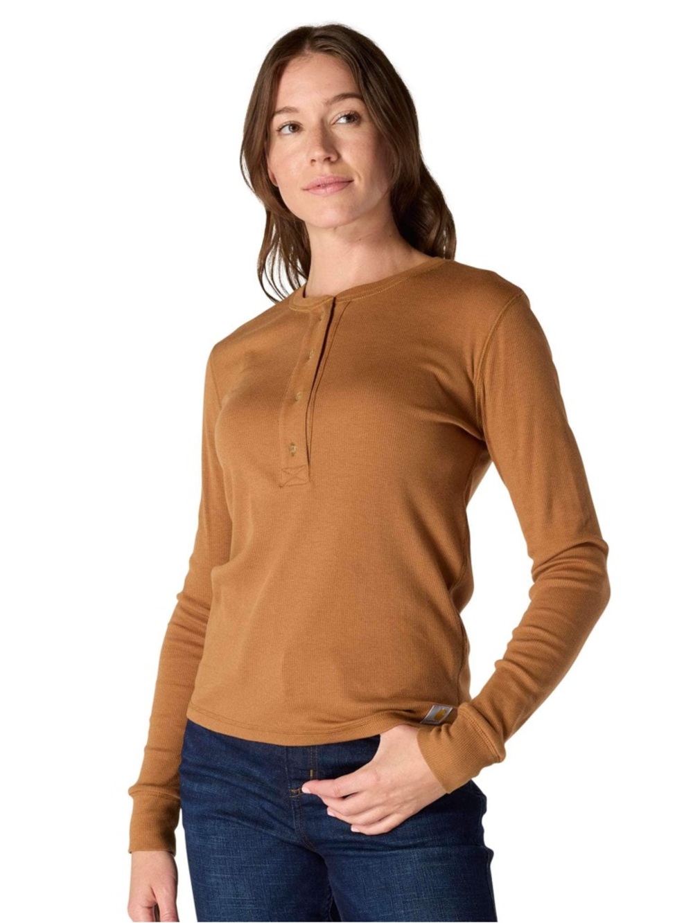 Carhartt Relaxed Fit Brown Ribbed Henley Long Sleeve Top XL